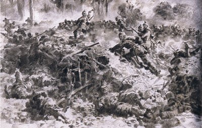 アルゴンヌで敵の陣地を突破するウーネンテンベルグ王擲弾兵（『図説 世界大戦史 1914-1915』（ユニオン・ベラッグスフェルフシャフト刊）より 作： Anton Hoffman
