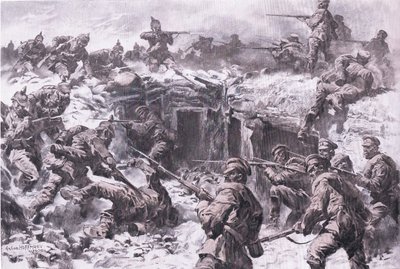 シレジア軍、プロシア軍、帝国ドイツ軍によるモスクワ擲弾兵団の敗北（『図説 世界大戦史1914-1915』（ユニオン・ベルラグゼフェルシャフト刊）より）。 作： Anton Hoffman