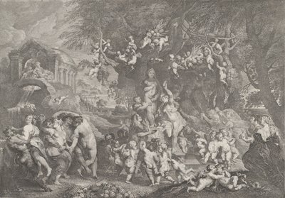 ヴィーナスの饗宴、サテュロス、ニンフ、プティのグループがヴィーナスの像の周りで踊る...、1732 年。 作： Anton Joseph von Prenner
