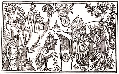 七つの頭を持つ獣に乗ったバビロンの大娼婦と、悪魔の囚人を抱えて麦を刈る天使たち 作： Anton Koberger