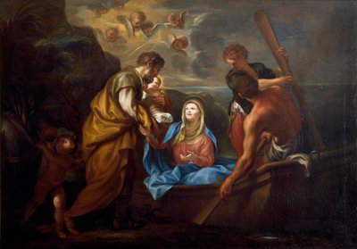 エジプトへの飛行 聖家族が船に乗り込む様子。アントン・マリア・ピオラ（1654-1715）作 Collezione Banca Carige Genes 作： Anton Maria Piola