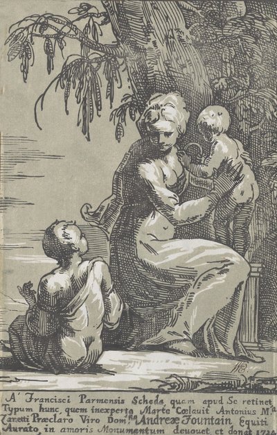 幼児を抱いて木のふもとに立つ女性、座っている少年、1724年。 作： Anton Maria Zanetti