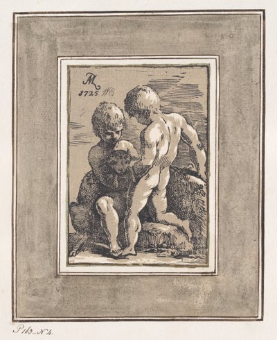子羊と遊ぶ 2 人の子供、1725 年。 作： Anton Maria Zanetti