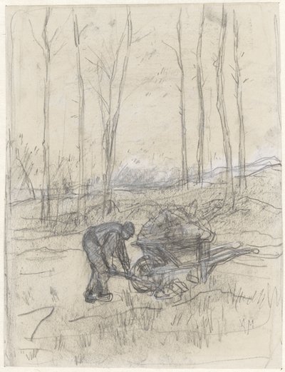 森の中の手押し車で働く農夫 作： Anton Mauve