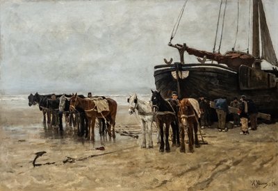 オランダ語：Bomschuit with Tow Horses on Scheveningen Beach シェベニンゲンビーチで曳き馬をする漁船 作： アントン・モーブ