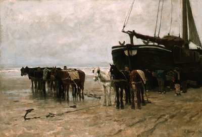 オランダ語：Bomschuit with Tow Horses on Scheveningen Beach シェベニンゲンビーチで曳き馬をする漁船 作： アントン・モーブ