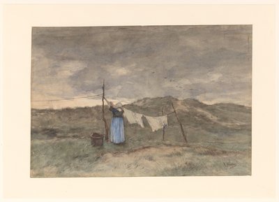 砂丘の物干し場にいる女性 作： Anton Mauve