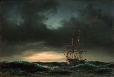 嵐の後の湖でのデンマークのコルベット 作： Anton Melbye