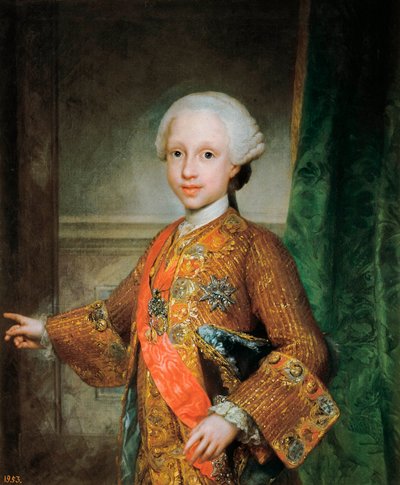 Francois Xavier de Bourbon (1757-1771)、スペインの幼児、聖霊の騎士 (Holy Spirit) の肖像。 アントン ラファエル メンス (1728-1779) の絵画。 1765年頃。マドリッド。 プラド美術館。 作： Anton Raphael Mengs