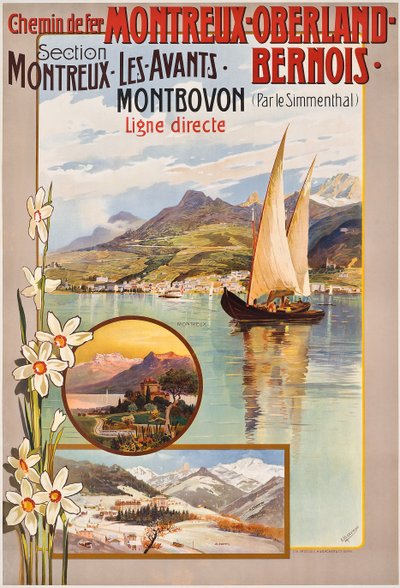 モントルー・オーベルランド・ベルノワの列車の旅を宣伝するポスター、c。 1910年（カラーリト） 作： Anton Reckziegel