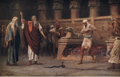 モーセとアーロン、ファラオの前、ジョンウィンストンカンパニー発行の「聖書のハルバーツ物語」、1932年 作： Anton Robert Leinweber