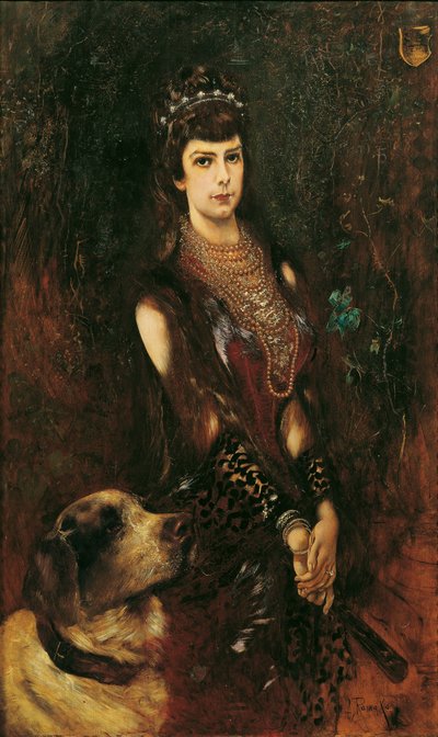 バイエルンのエリザベートとセントバーナード犬の肖像、1883年。 作： Anton Romako