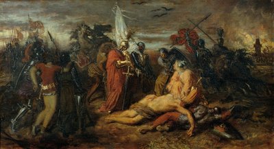 ボヘミア王プシェミシル・オットカルの死体に向かうルドルフ・フォン・ハプスブルク 作： Anton Romako