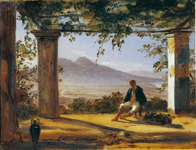 イタリア、ベスビオ山を背景にした東屋の下（油彩・キャンバス 作： Anton Sminck Pitloo