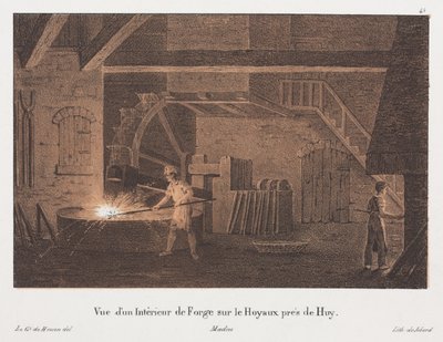 ベルギーのフイ近郊にあるフォージの内部。ジャンバプティストジョバール（1792-1861）によって彫刻されています（染めたリソ） 作： Anton de after Howen