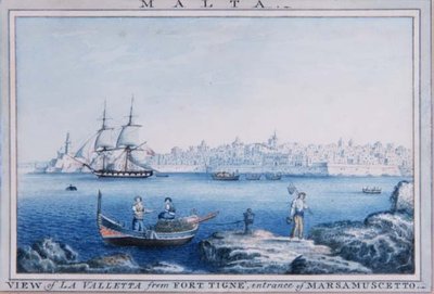 マルタ共和国ティグネ砦からのラ・ヴァレッタの眺め、マルサムセットの入り口（水彩画） 作： Anton the Younger (circle) Schranz