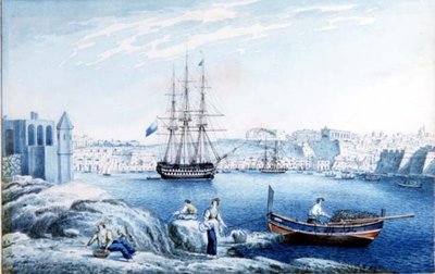 マルタ共和国コラディーノのポイントからのラ・ヴァレッタの眺め（水彩画 作： Anton the Younger (circle) Schranz