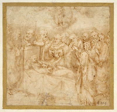 聖母の休息」（白紙に茶色のウォッシュをかけたペンと茶色のインク 作： Antonello Gaggini