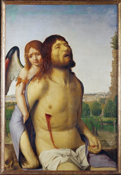 天使に支えられた死んだキリスト（木に描かれた絵） 作： Antonello da Messina