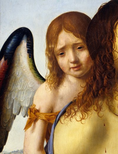 アントネッロ・ダ・メッシーナ（1430-1479）の絵画「天使に支えられた死せるキリスト」の詳細 1476-1479日。0,74x0,51 m マドリッド、プラド美術館 作： Antonello da Messina