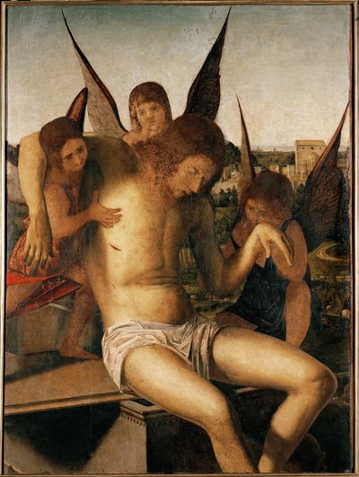 三人の天使のいるピエタ 1475年頃 油彩・木 作： アントネロ・ダ・メッシーナ