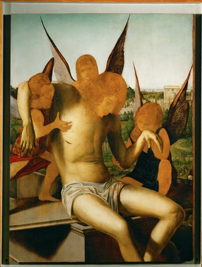 三人の天使のいるピエタ 1475年頃 油彩・木 作： Antonello da Messina