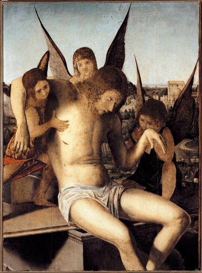 三人の天使のいるピエタ 墓の上で三人の天使に支えられている死んだキリスト 絵画 アントネッロ・ディ・アントニオ（アントネッロ・ダ・メッシーナ）（1430-1479） 1475年 薄暗い 145*85 cm ヴェネツィア コッレール美術館 作： Antonello da Messina