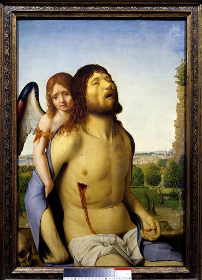 天使に支えられた死んだキリスト 絵画 アントネッロ・ダ・メッシーナ（1430-1479） 1476-1479年 日。0,74x0,51 m マドリード、プラド美術館 - 天使に支えられた死者のキリスト。アントネッロ・ダ・メッシーナの絵画 (1430-1479) 作： Antonello da Messina