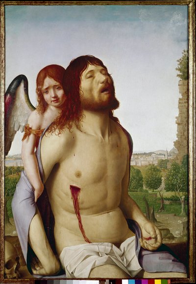 天使に支えられて死んだキリスト。(パネルに油彩 作： Antonello da Messina