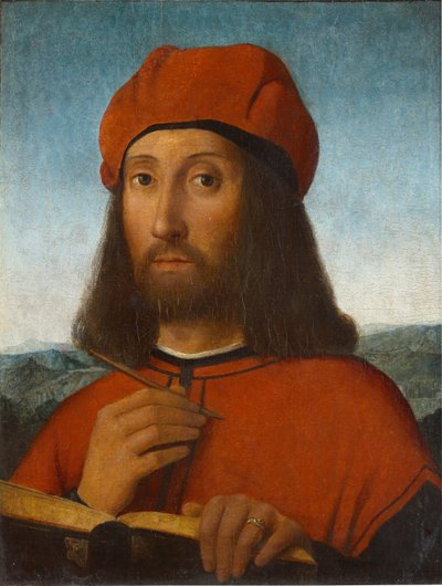 赤いベレー帽と本を持つ男の肖像 作： Antonello de Saliba