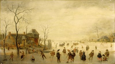 凍った水路にスケーター、ゴルフプレイヤー、農民がいる冬の風景（油彩・パネル 作： Antoni  Verstralen