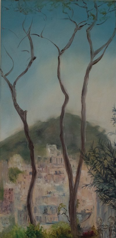 イタリアの木々、アルマルフィ海岸、2018年（キャンバスに油彩） 作： Antonia Myatt