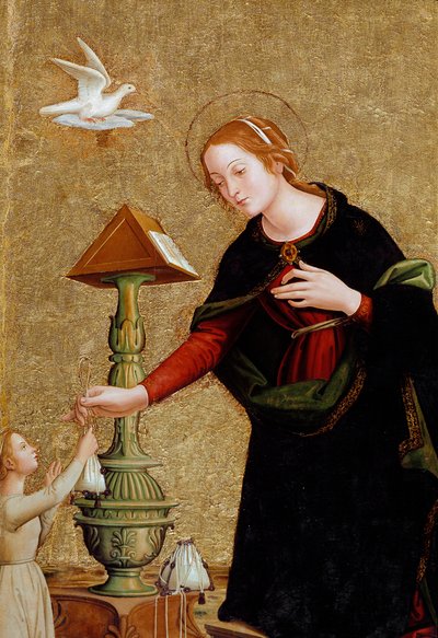 枢機卿フアン・デ・トルケマーダとの受胎告知」の聖母の細部（絵画、1460年頃 作： Antoniazzo Romano