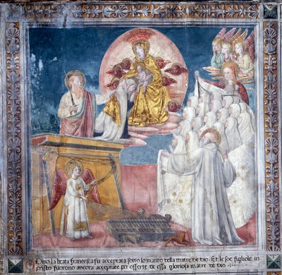 聖フランチェスカ・ロマーナの生涯 : 1433年3月1日、幻影の中のフランチェスカは、神の母によってそのマントの下に連れて行かれる（フレスコ画 作： Antoniazzo Romano
