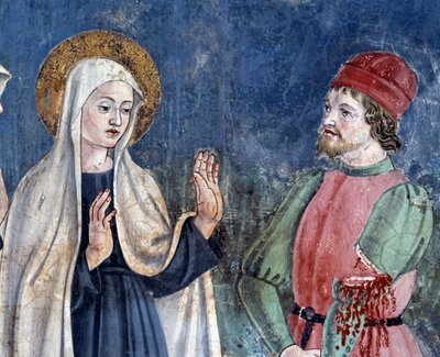 聖フランチェスカ・ロマーナの生涯。聖ヨハネ・ラテランへの帰還の際、聖女は腕を切られた人を癒している、詳細（フレスコ 作： Antoniazzo Romano