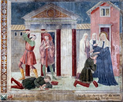 聖フランチェスカ・ロマーナの生涯：聖人は敵に殴り殺された男を癒す（フレスコ画 作： Antoniazzo Romano