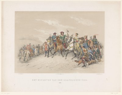 1851 年のユトレヒト仮面舞踏会: 1296 年の Hofleven 伯爵時代の宮廷生活。 1296 (オブジェクトのタイトル) 国民史。 H.H. 学生 作： Antonie Johannes Groeneveldt