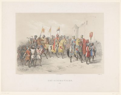 1851年のユトレヒトの仮面舞踏会：騎士団、1217年 騎士団、1217年（オブジェクトのタイトル） 国民史。 最初期から 17 世紀末まで、H.H. Utrechtsche Hoo の生徒たち 作： Antonie Johannes Groeneveldt