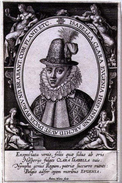 オーストリア大公アルベルト（1559-1621）の妻、イザベラ・クララ・オイゲニア・オブ・オーストリア（1566-1633）の肖像（エングレーヴィング） 作： Antonie Wierix
