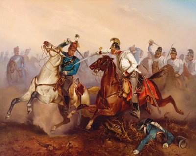 オーストリア帝国の竜騎兵とハンガリーのホンヴェード騎兵隊との戦闘….1849年、1854年のハンガリー。 作： Antonin Zimmer
