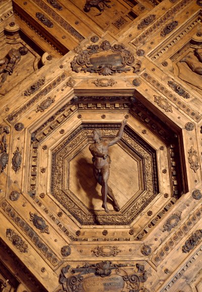 薬の守護者アポロ。アナトミカルシアターの木製天井のディテール 作： Antonio (d.1663) Paolucci