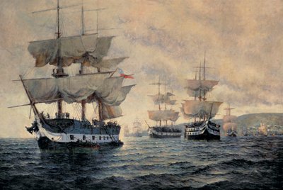 1820 年 8 月 20 日のペルー解放遠征の乗船、ホセ デ サン マルティン将軍 (1778-1850) の指揮下 (キャンバスに油彩) 作： Antonio A. Abel
