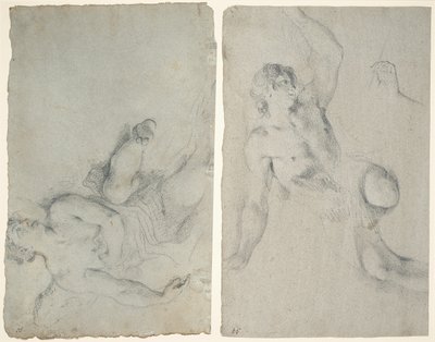 飛行中の天使と腕を上げた状態で身を乗り出している天使 作： Antonio Balestra