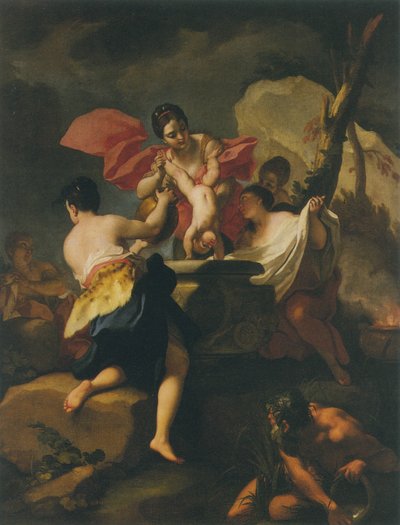 テキスは、乳母アキレスをスティクスから水に浸す 作： Antonio Balestra