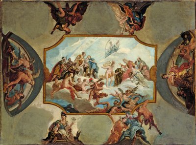 パラタイン選挙人、ヨハン・ヴィルヘルムへの敬意。ベンスベルク城の天井画のデザイン、1709 作： Antonio Bellucci