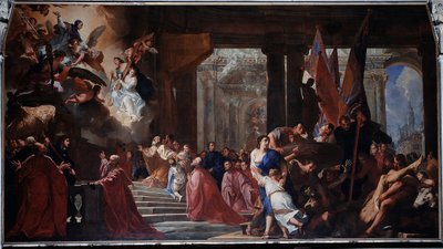 1630年のペストからヴェネツィアを解放するために、ドージェのニコロ・コンタリーニが福者ロレンツォ・ジュスティニアニに執り行う誓い（絵画 作： Antonio Bellucci