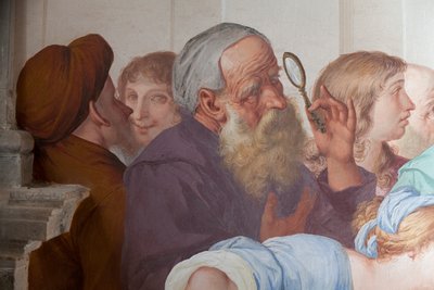 傍観者」アントニオ・ブスカ（1625-1684）によるフレスコ画、第20礼拝堂、教皇グレゴリウス9世によって聖フランチェスコが列福されたオルタの聖なる山（2003年、ユネスコ世界遺産登録）、オルタ・サン・ジューリオ、ピエモンテ、イタリア 作： Antonio Busca