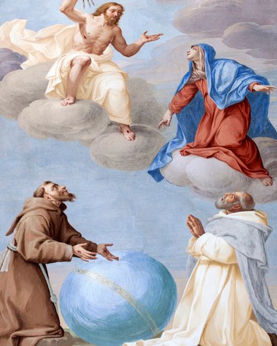 アントニオ・ブスカ（1625-1684）によるフレスコ画「聖フランシスコ、聖ダミアン、マリアが人類のために執り成し、神の正義が世界に矢を放たないように説得する」（第20礼拝堂）、教皇グレゴリウス9世によって聖フランシスコが列福された。 作： Antonio Busca