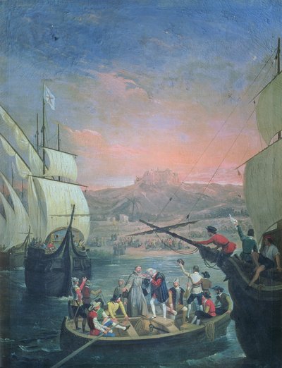 1492年のパロスからのサンタマリア、ピンタ、ニーナの出発（キャンバスに油彩） 作： Antonio Cabral Bejarano