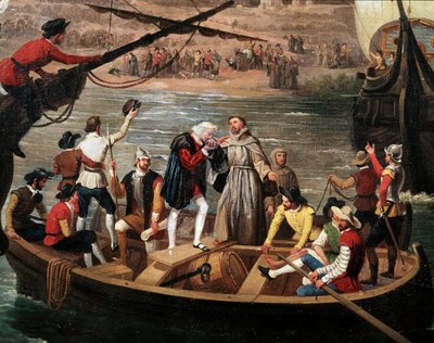 サンタ・マリア号、ピンタ号、ニーナ号の1492年のパロスからの出発 - クリストファー・コロンブス（1451～1506）の3隻のキャラベルの1492年08月03日のパロスからの出発、詳細。Antonio Cabral y Bejarano (1798-1861)による絵画。パロス・デ・ラ・フロンテーララビダ 作： Antonio Cabral Bejarano